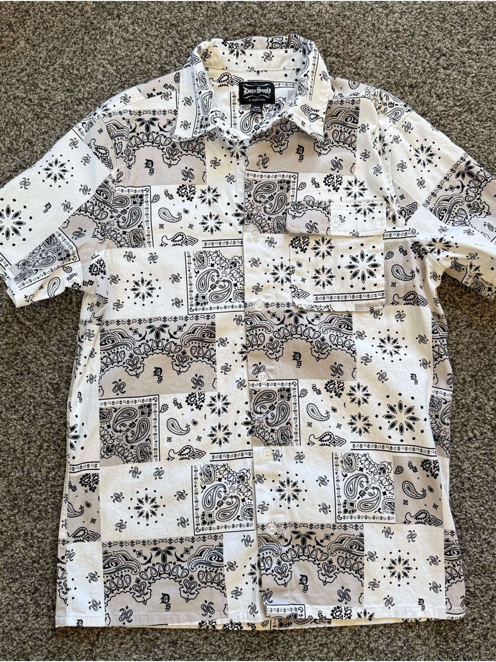 Bandana Patchwork Short Sleeve Button-Down Shirt - White/Black